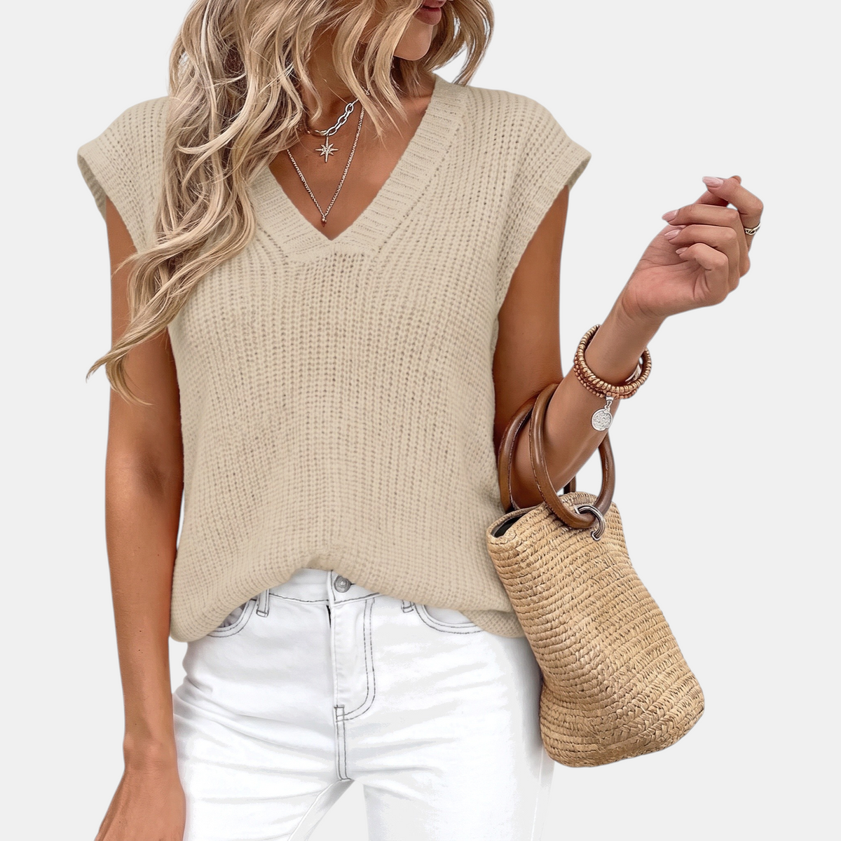 Women's Chunky Ribbed Knit Sweater Vest V-Neck Sleeveless