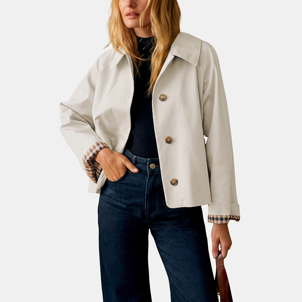 Women's Cropped Trench Coat with Checkered Lining and Gold Buttons