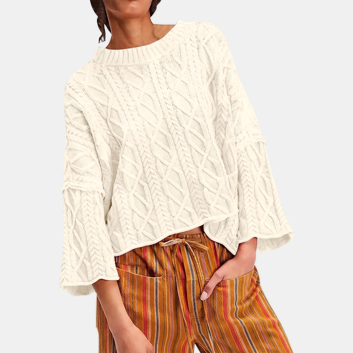 Women's Cable Knit Cropped Sweater Bell Flounce Cuff