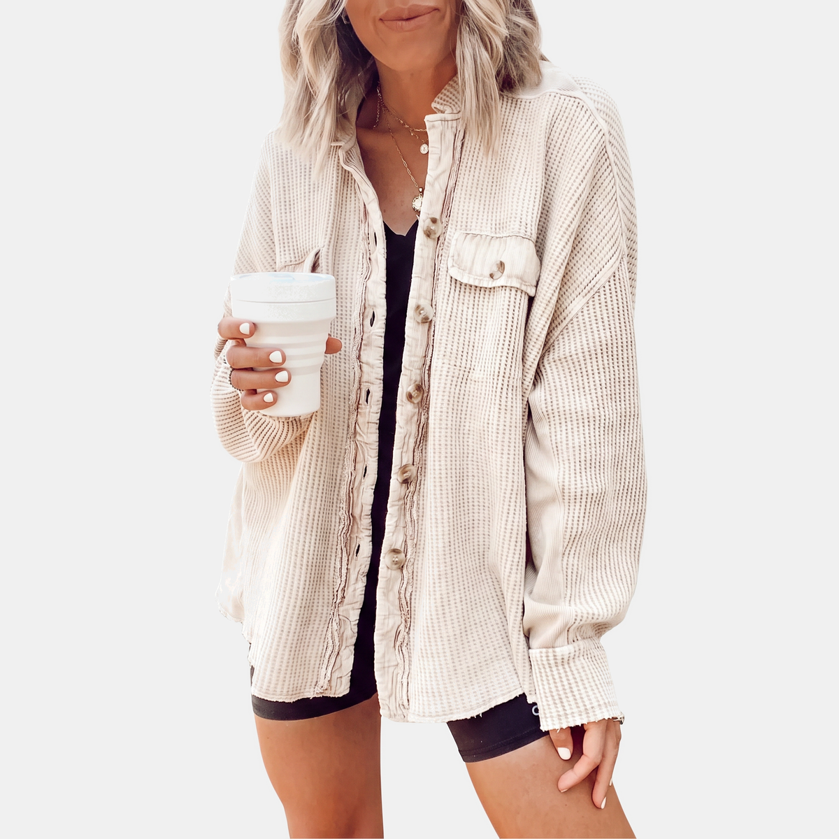 Women's Waffle Knit Raw Hem Button Front Oversized Shacket