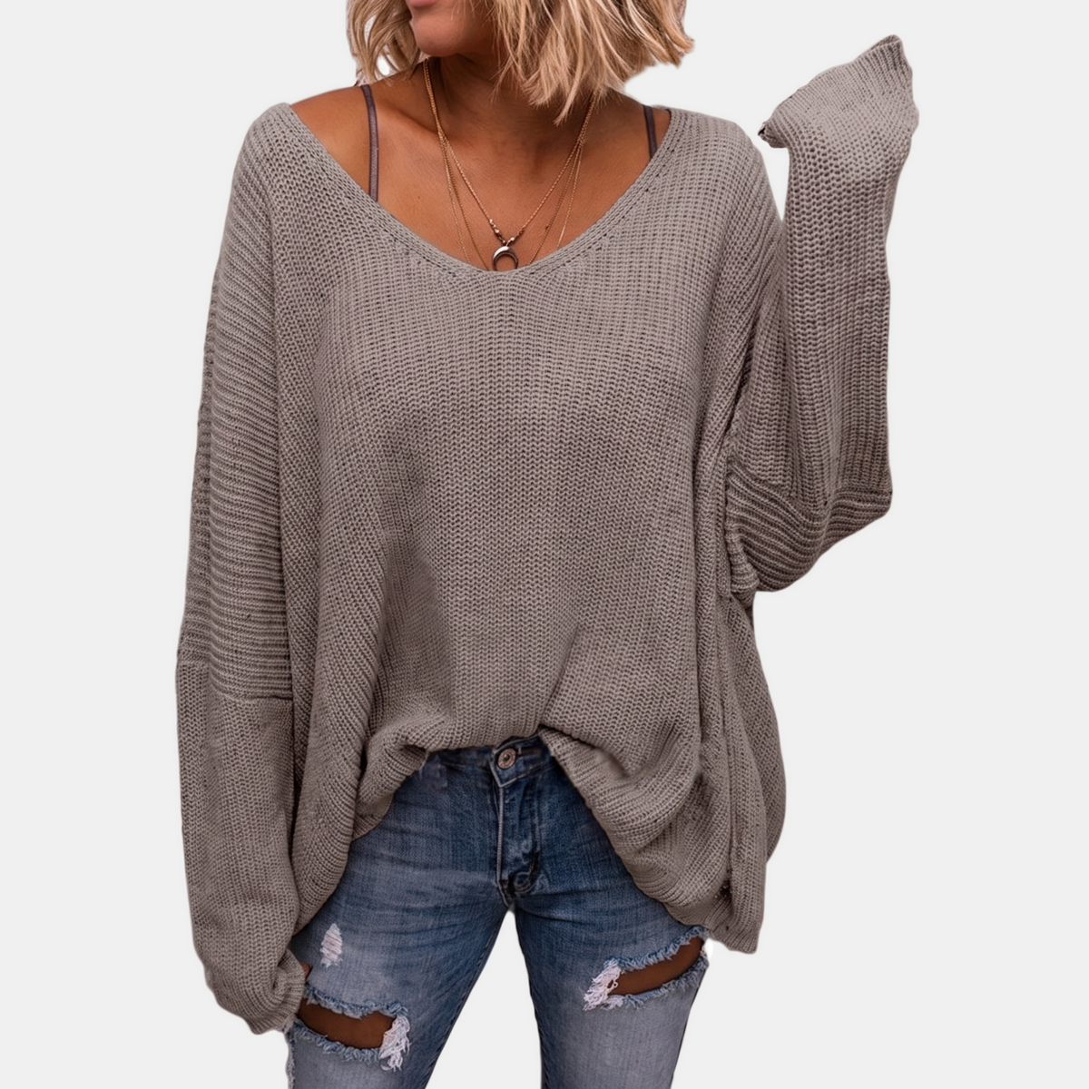 Women's Oversized Batwing Sleeve Deep V-Neck Knit Sweater