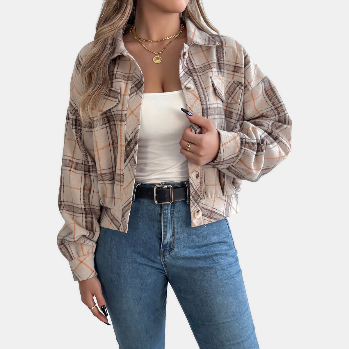 Women's Button Front Cropped Plaid Flannel Shacket