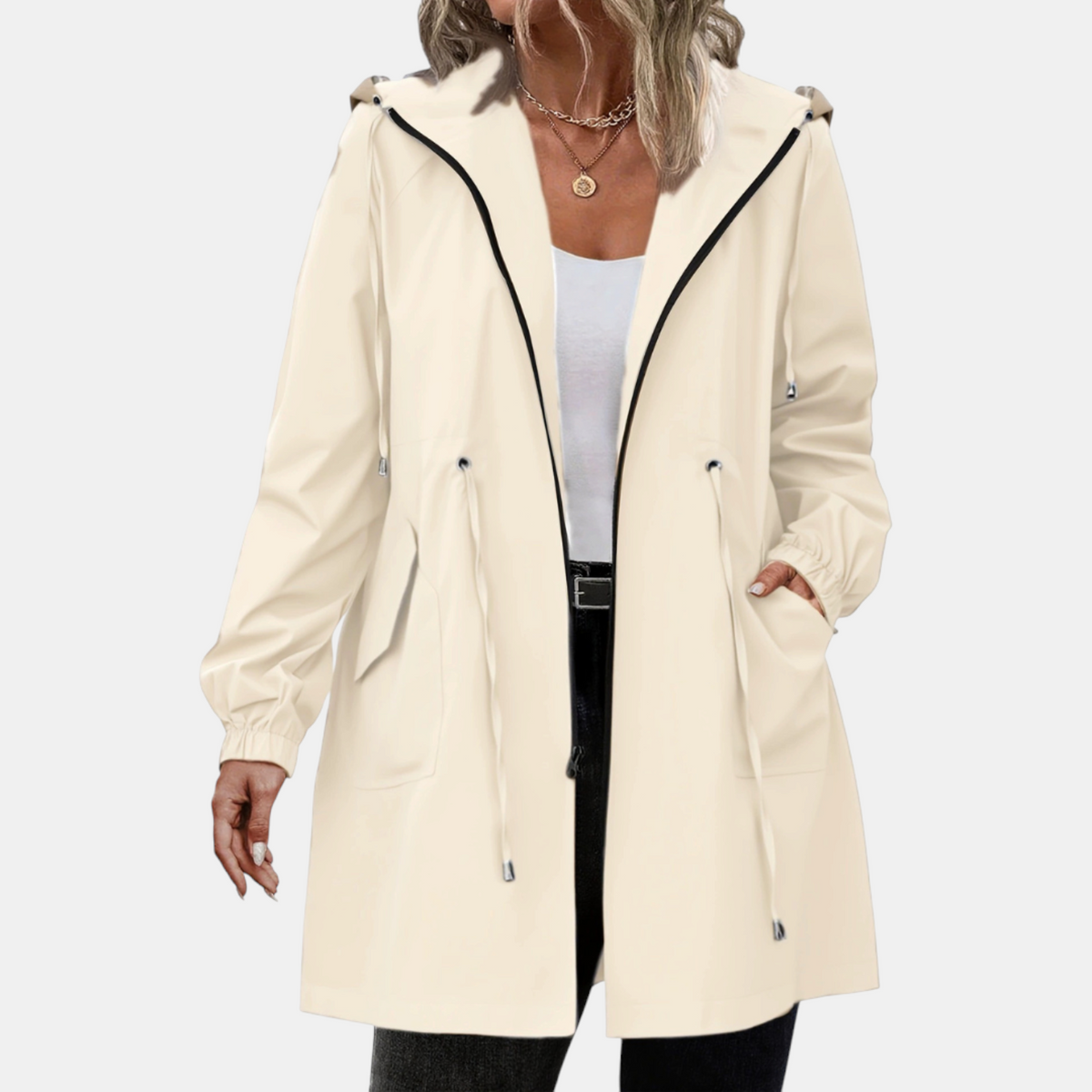 Women's Windbreaker Drawstring Waist Hooded Longline Jacket