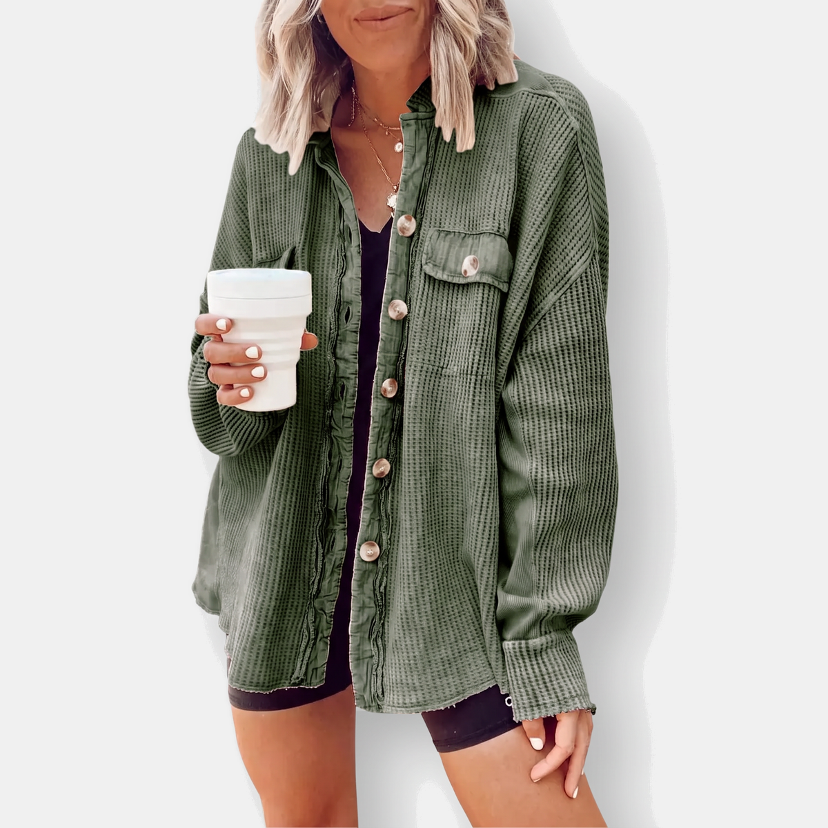 Women's Waffle Knit Raw Hem Button Front Oversized Shacket