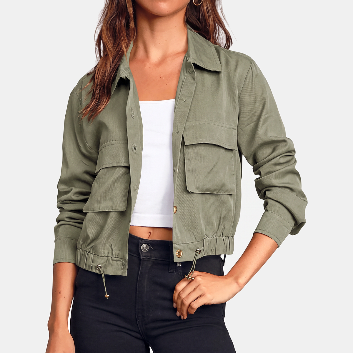 Women's Cropped Utility Windbreaker Jacket with Drawstring Hem