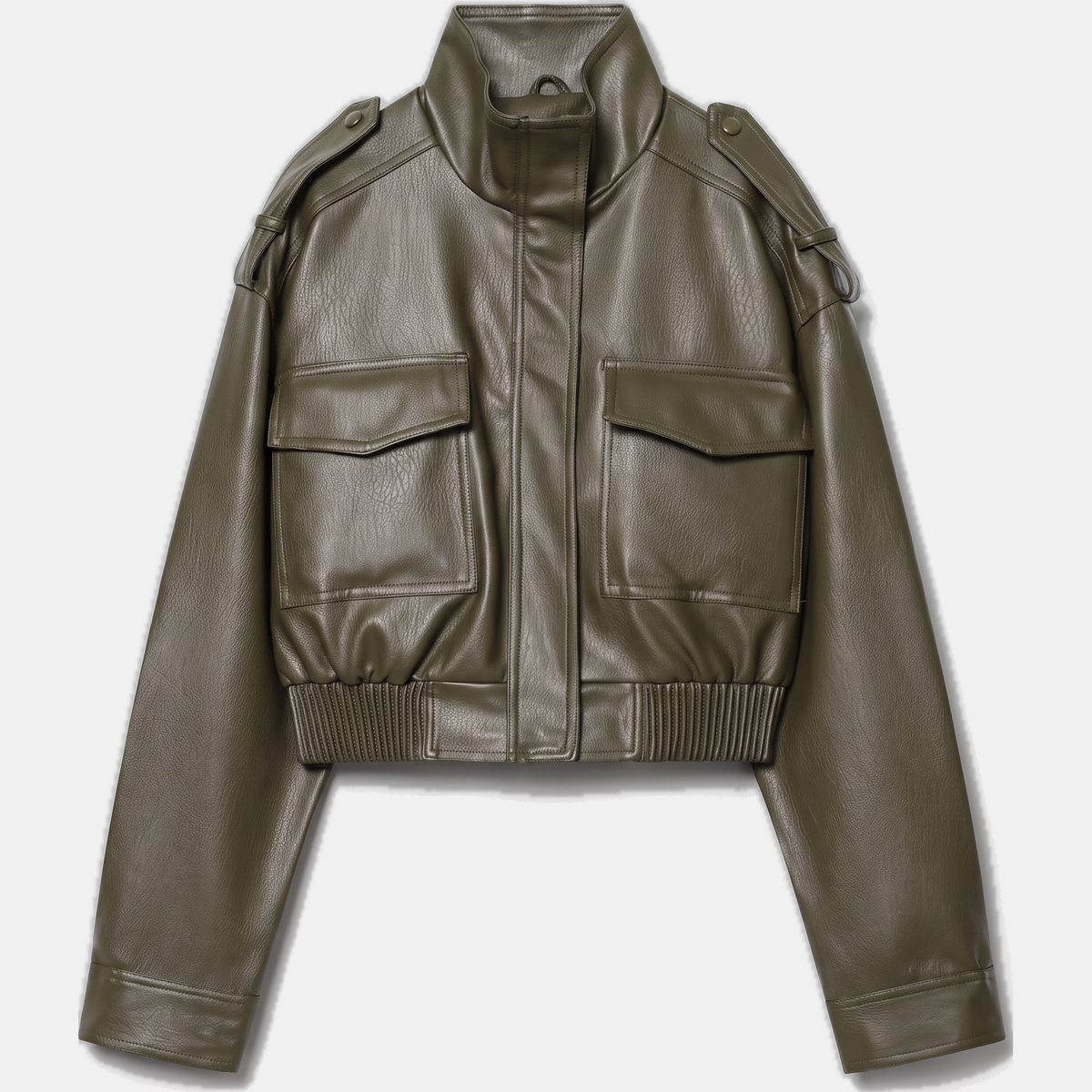 Women's Faux Leather Cropped Bomber Jacket with Cargo Pockets