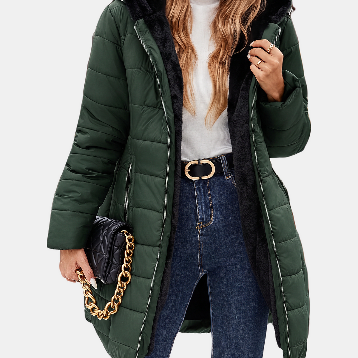 Women's Quilted Puffer Coat Fleece Lined Hooded Midi Jacket