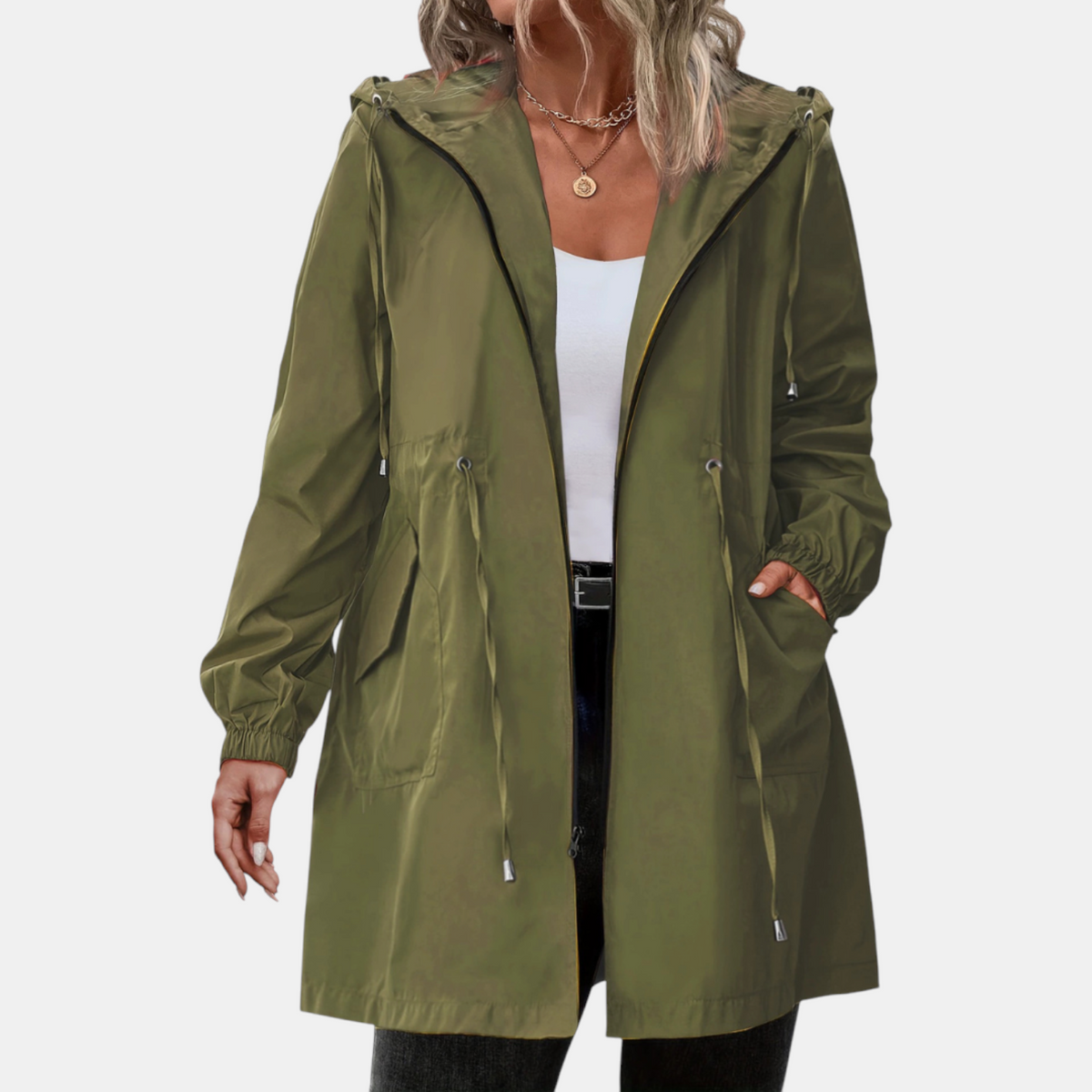 Women's Windbreaker Drawstring Waist Hooded Longline Jacket