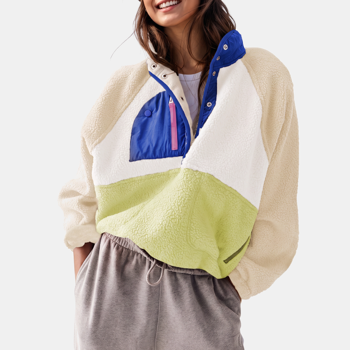 Women's Colorblock Fleece Half Snap Pullover Jacket