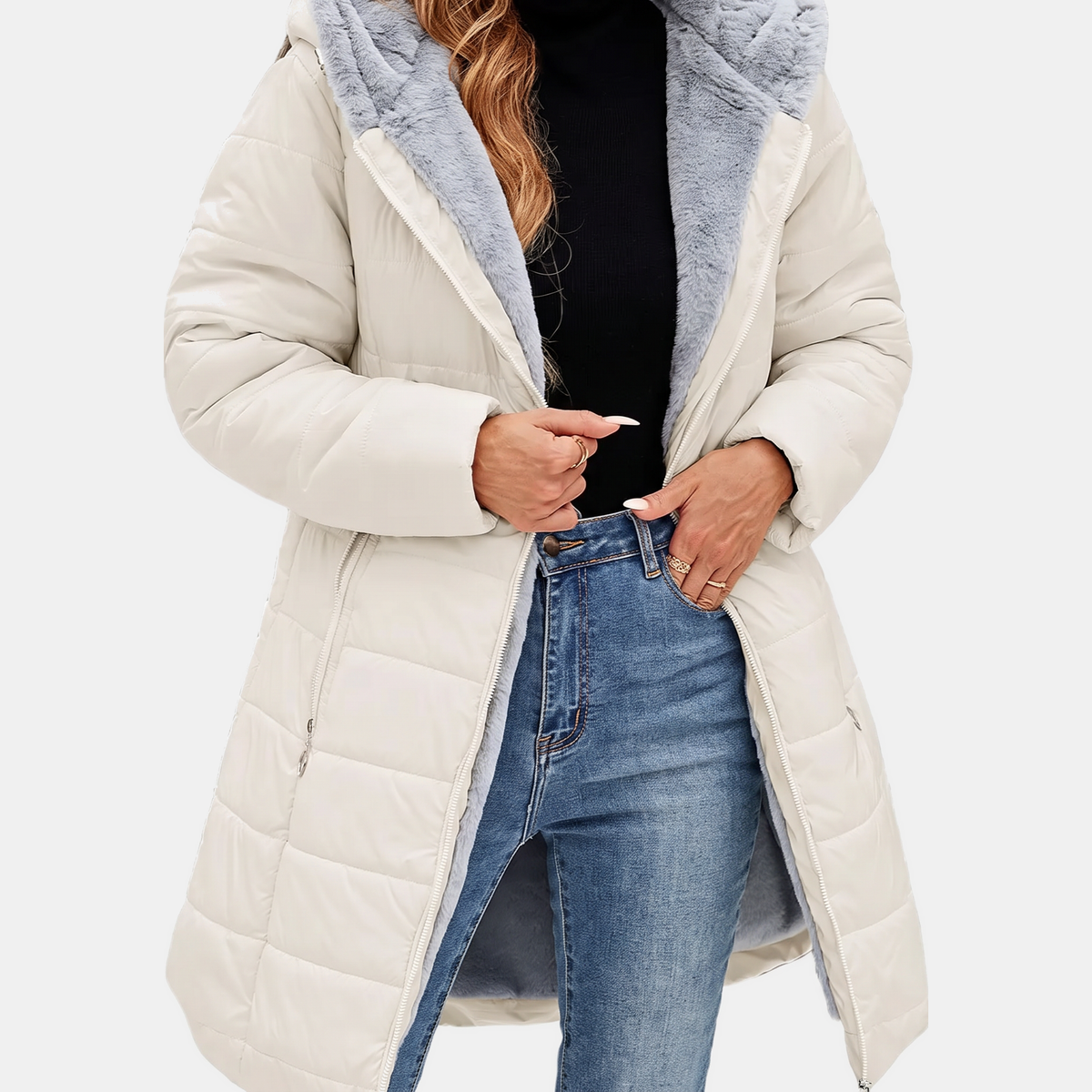 Women's Quilted Puffer Coat Fleece Lined Hooded Midi Jacket