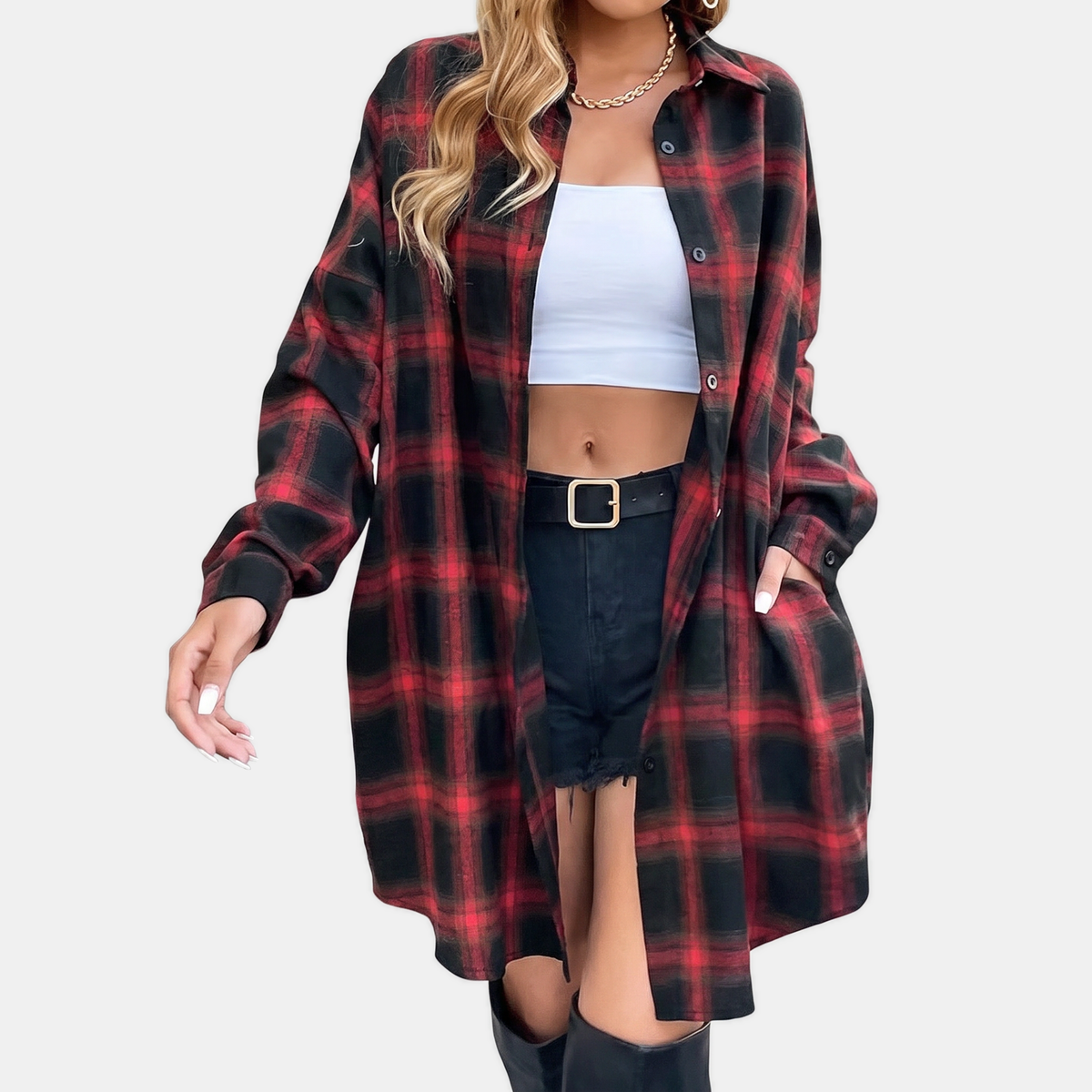 Women's Flannel Plaid Button Front Oversized Midi Shirt