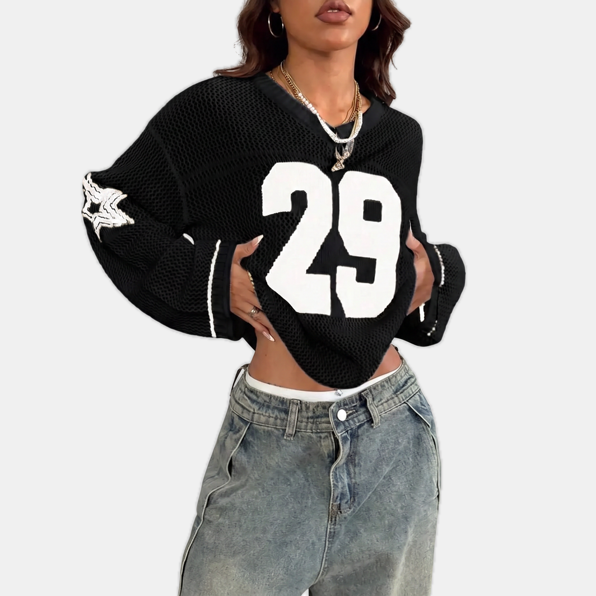 Women's Oversized Open Knit Number Graphic Crop Sweater