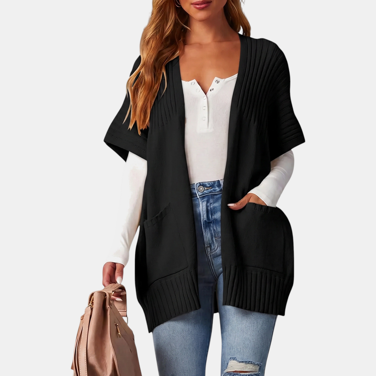 Women's Short Sleeve Cardigan Chunky Knit Open Front Sweater