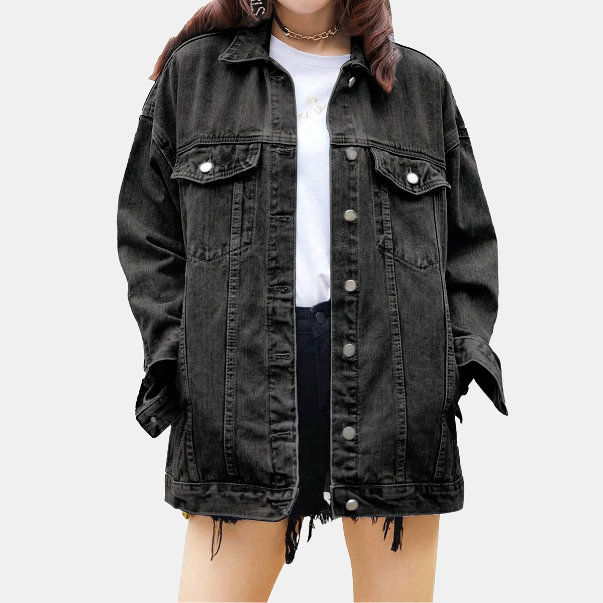 Women's Oversized Snap Button Denim Jacket Boyfriend Fit