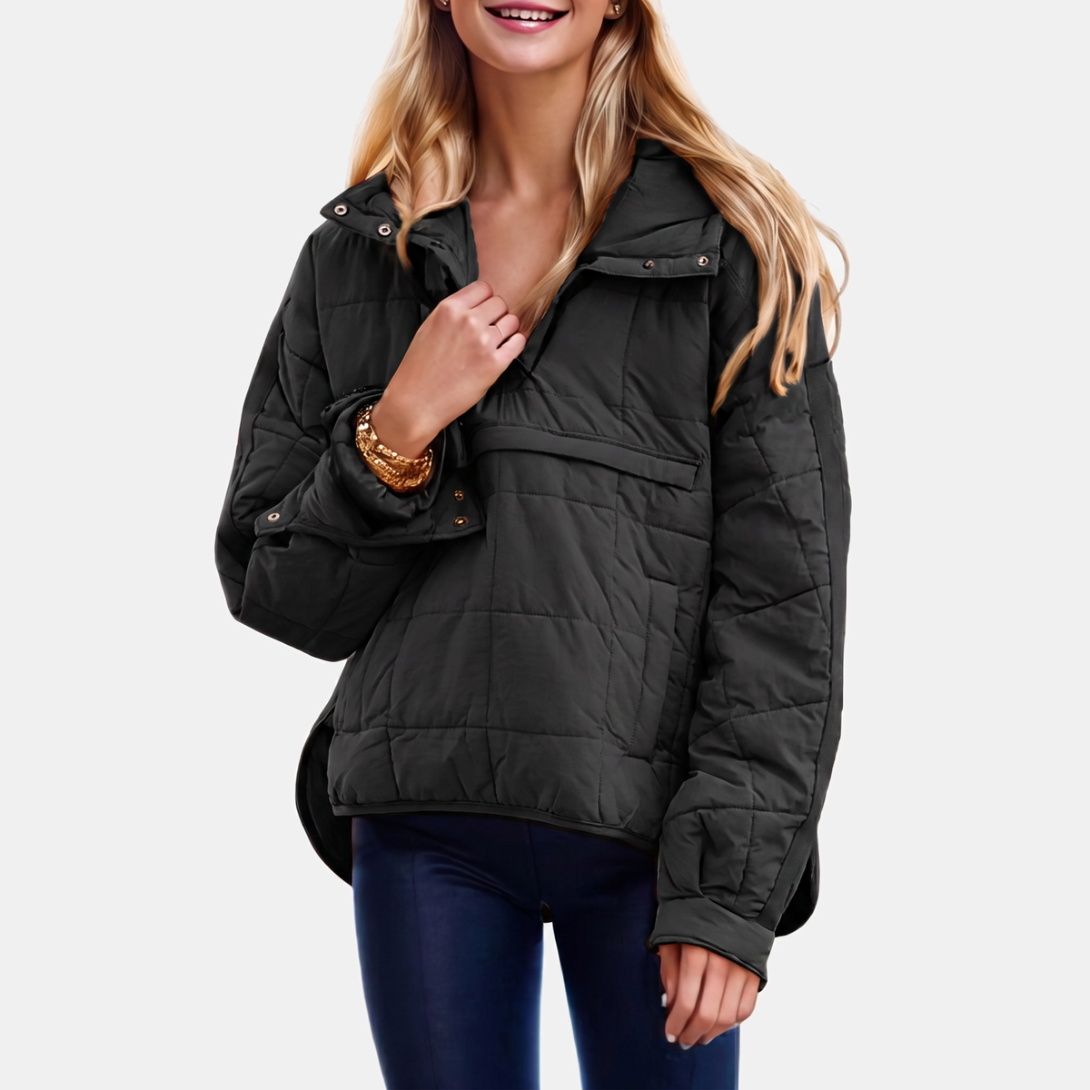 Women's Quilted Pullover Puffer Jacket Snap Collar Stand Neck