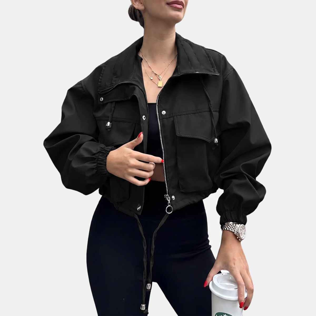 Women's Cropped Zip Up Cargo Windbreaker Jacket