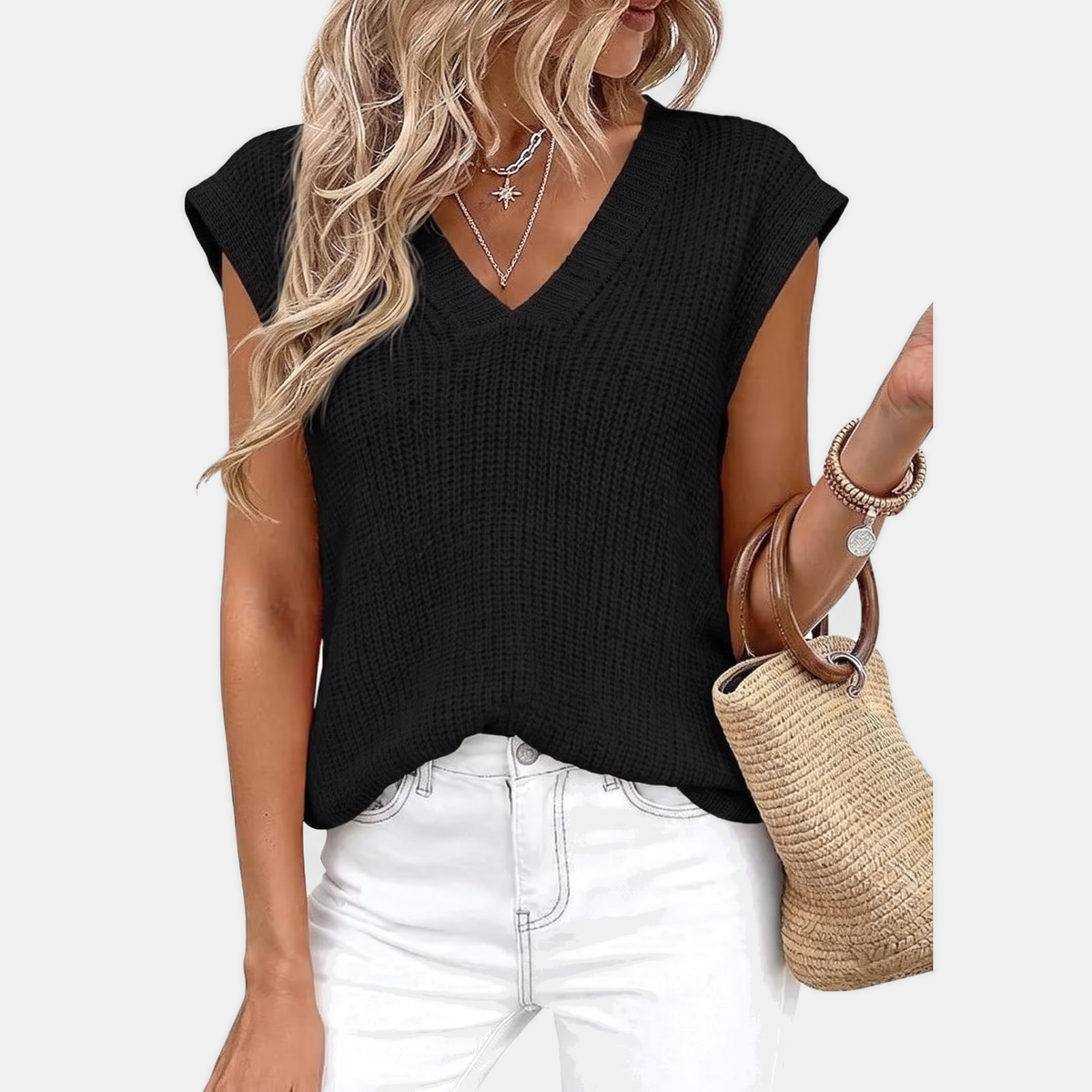 Women's Chunky Ribbed Knit Sweater Vest V-Neck Sleeveless