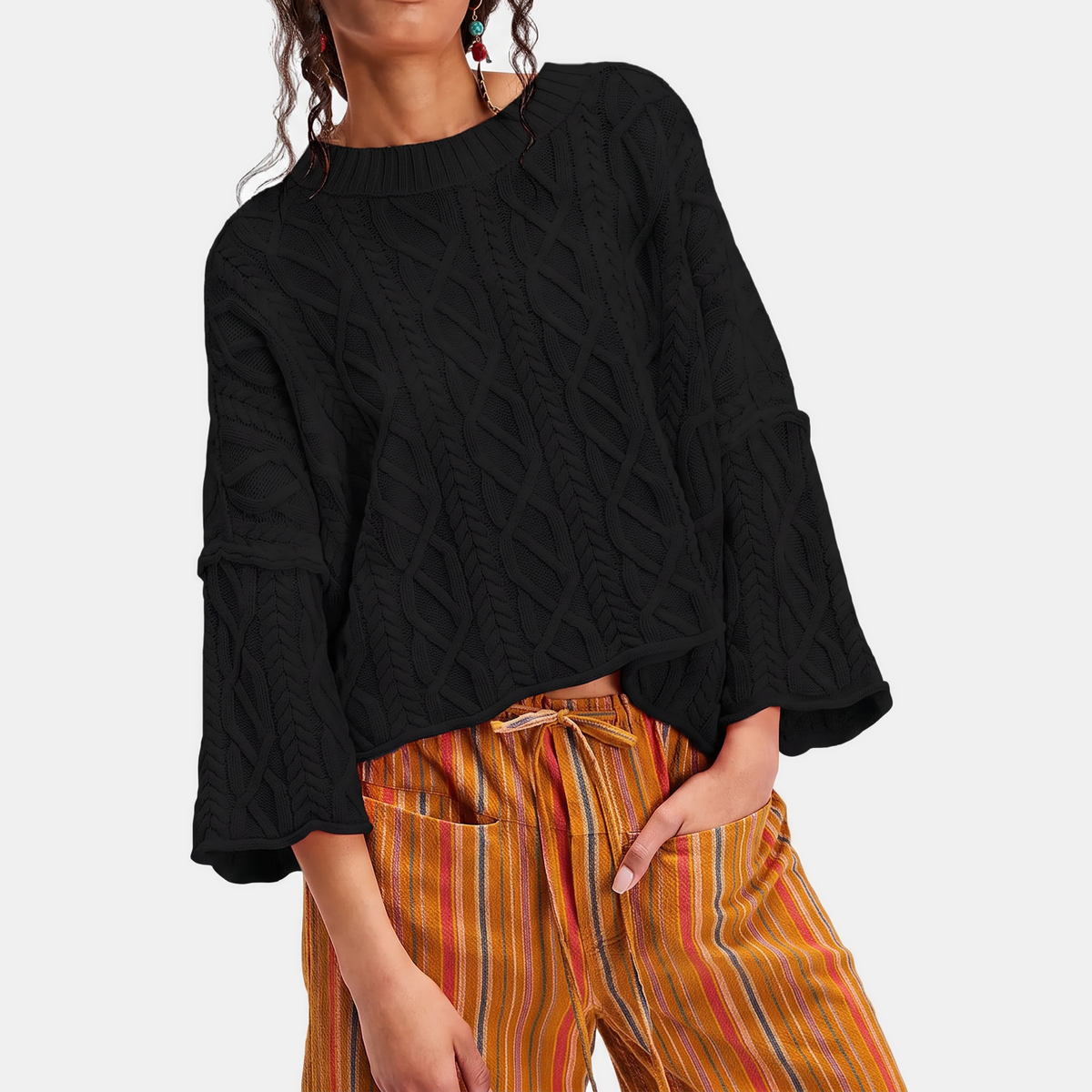 Women's Cable Knit Cropped Sweater Bell Flounce Cuff