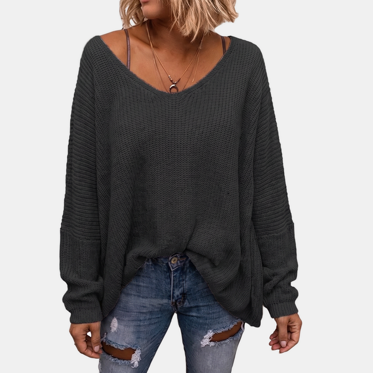 Women's Oversized Batwing Sleeve Deep V-Neck Knit Sweater