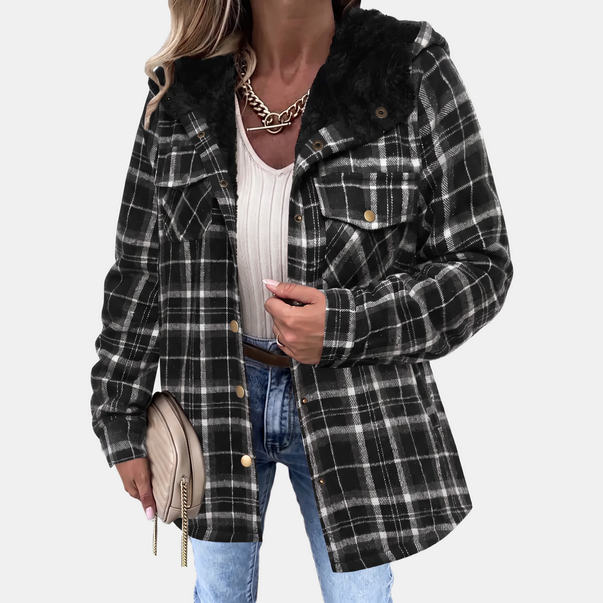 Women's Faux Fur Hood Plaid Flannel Snap Button Shacket