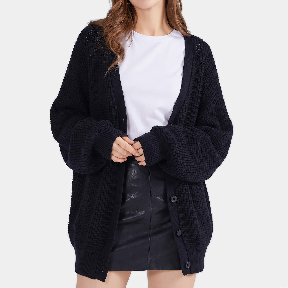 Women's Waffle Knit Balloon Sleeve Button Front Cardigan