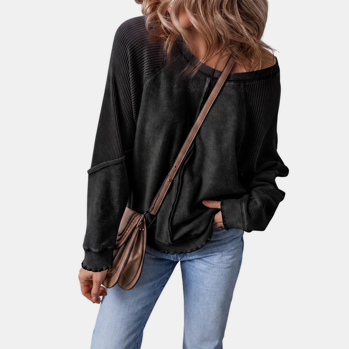 Women's Lettuce Hem Waffle Knit Oversized Sweater