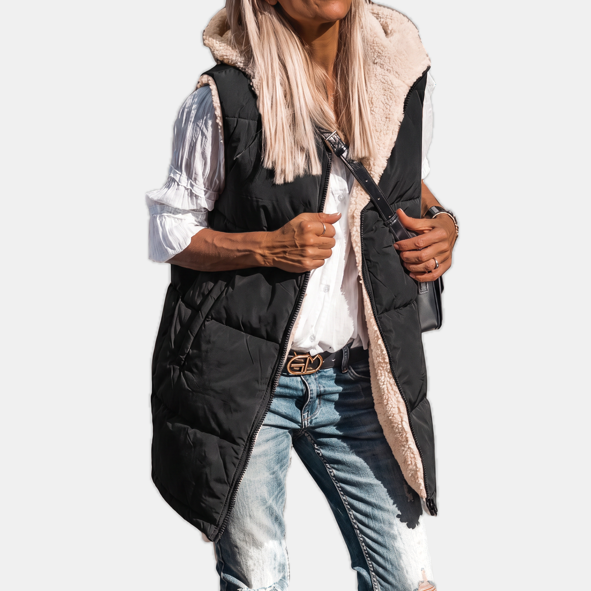 Women's Reversible Puffer Vest Sherpa Lined Hooded Sleeveless Coat