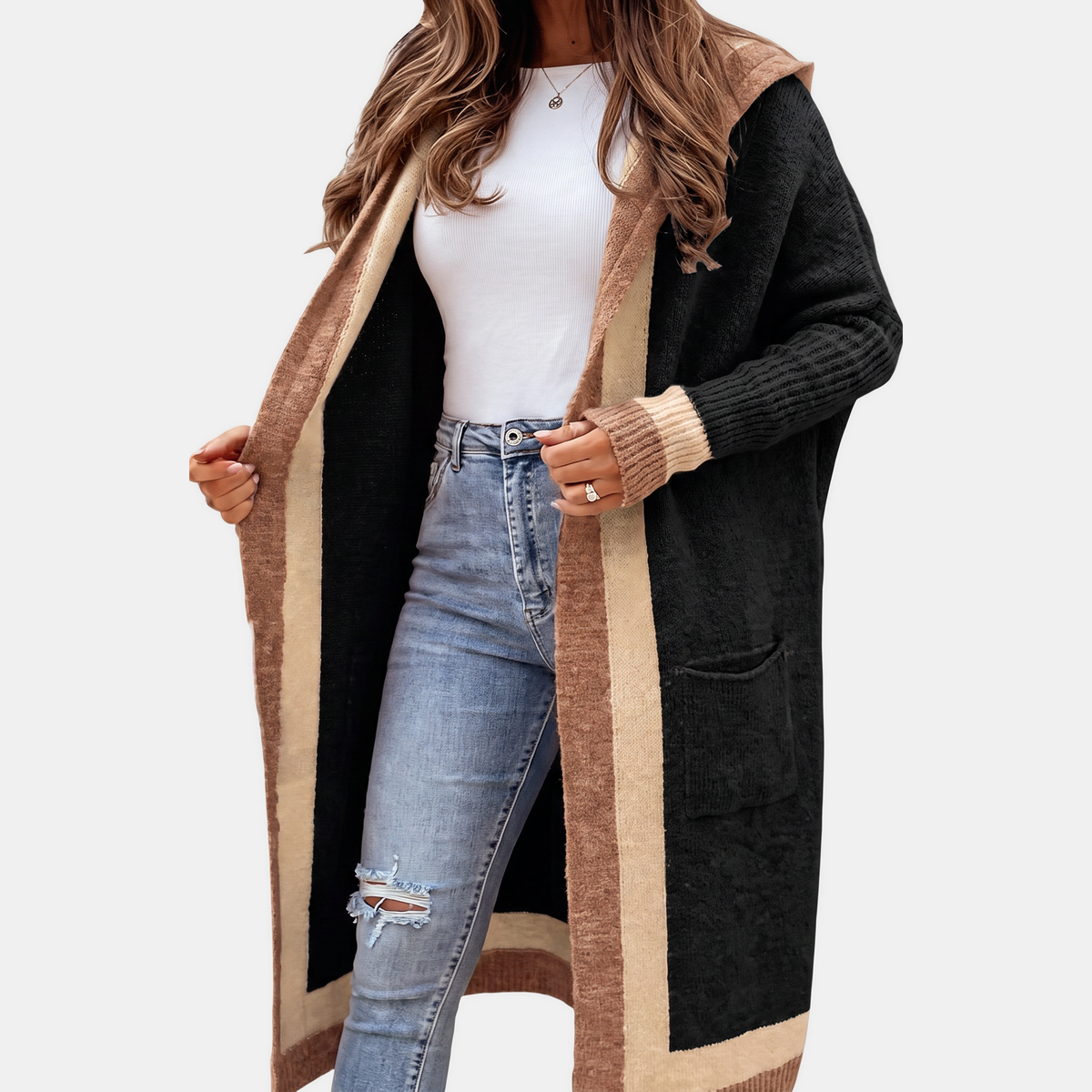 Women's Colour Block Open Front Maxi Cardigan Sweater