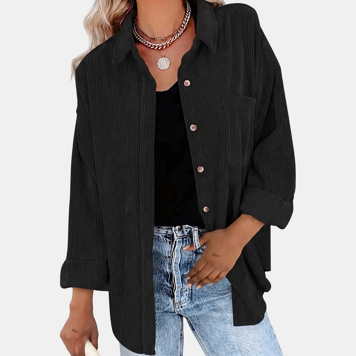 Women's Button Front Corduroy Oversized Long Sleeve Shacket