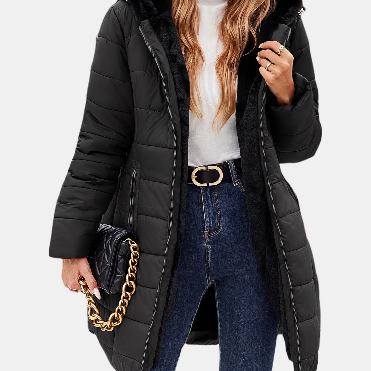 Women's Quilted Puffer Coat Fleece Lined Hooded Midi Jacket