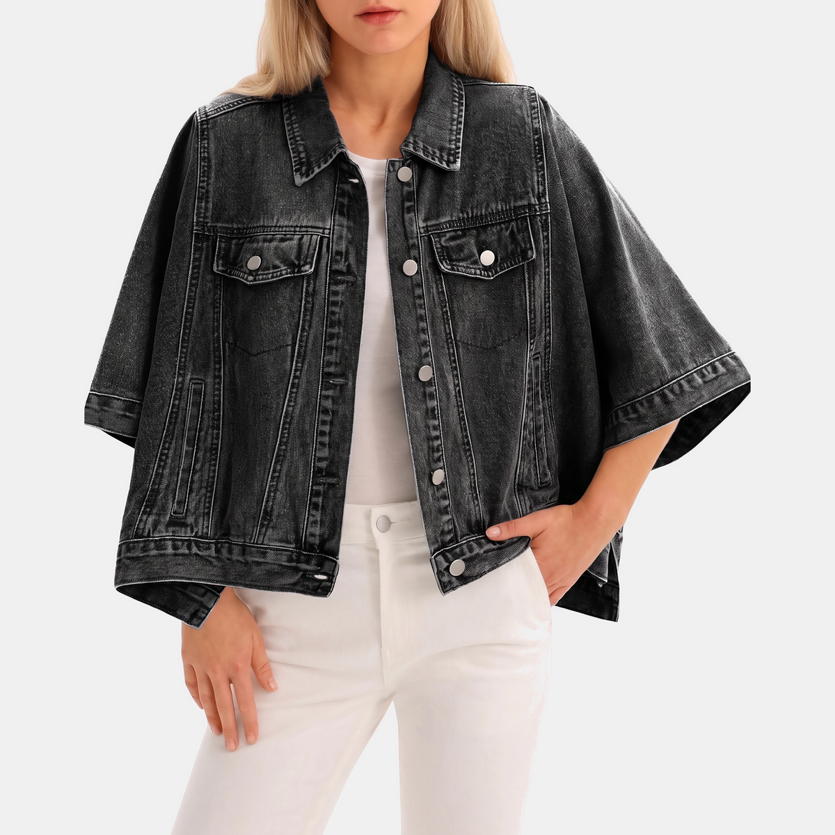Harriet Denim Jacket Cape - Black