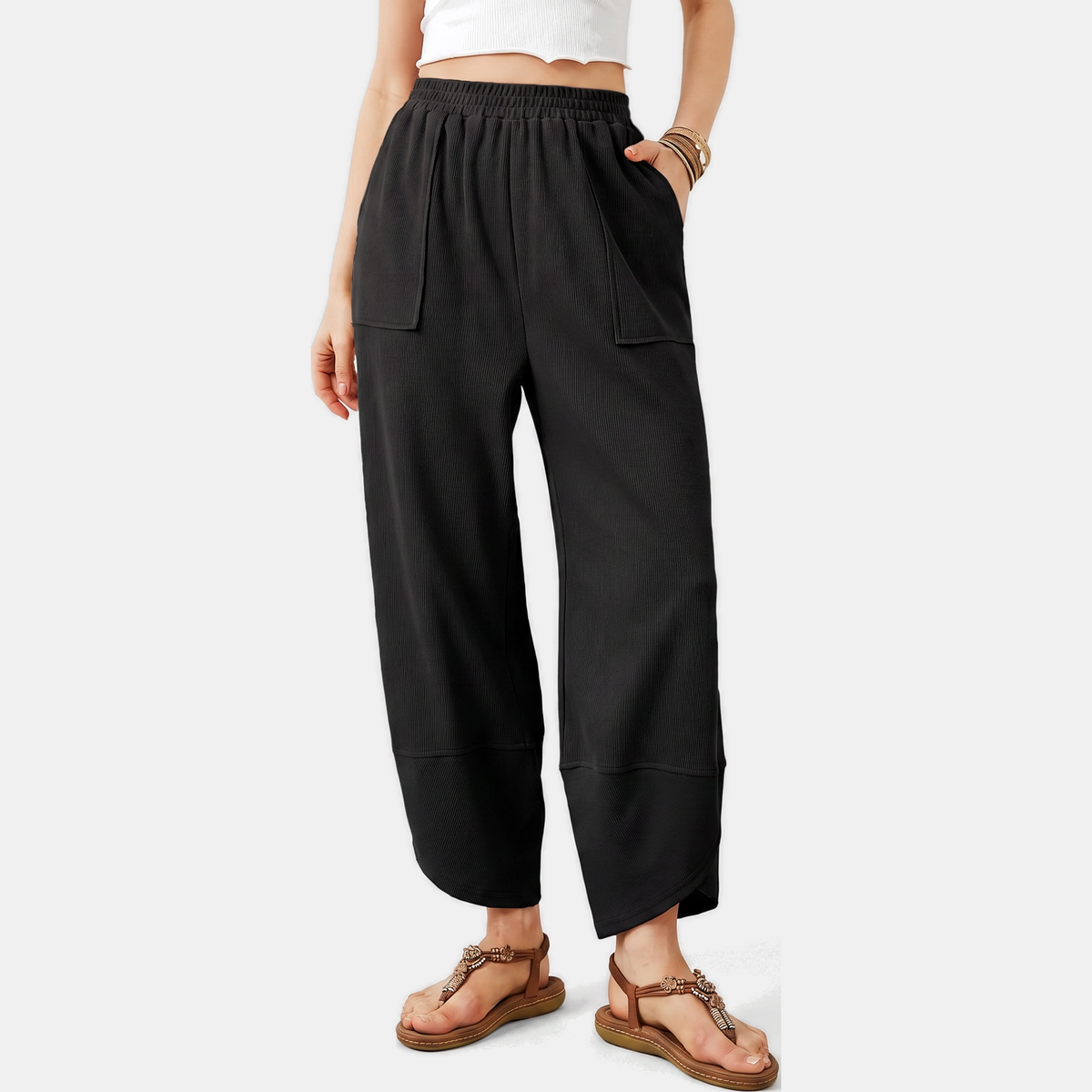 Women's Wide Leg Ribbed Knit Cropped Pants with Patch Pockets