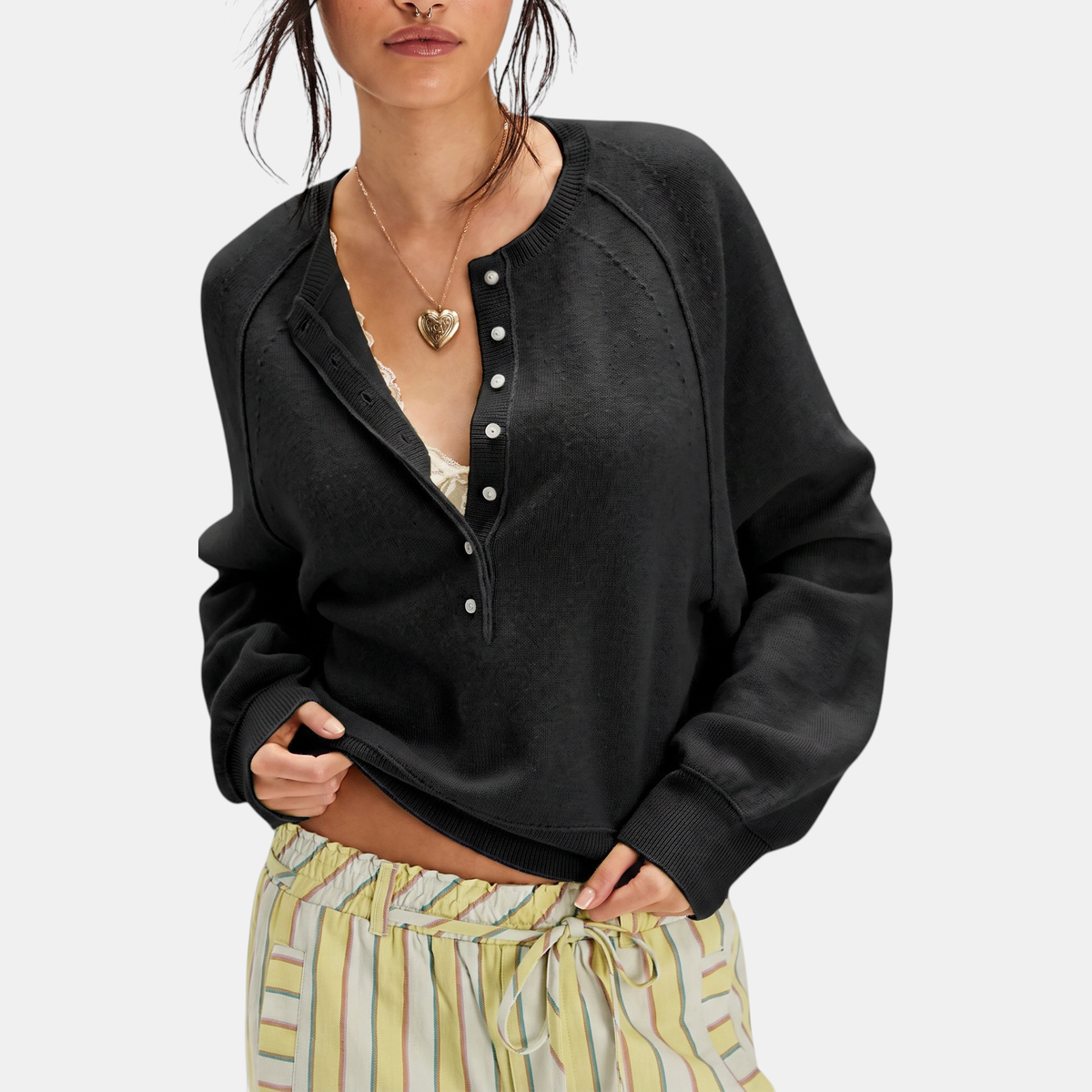 Women's Cropped Henley Button Placket Knit Sweater