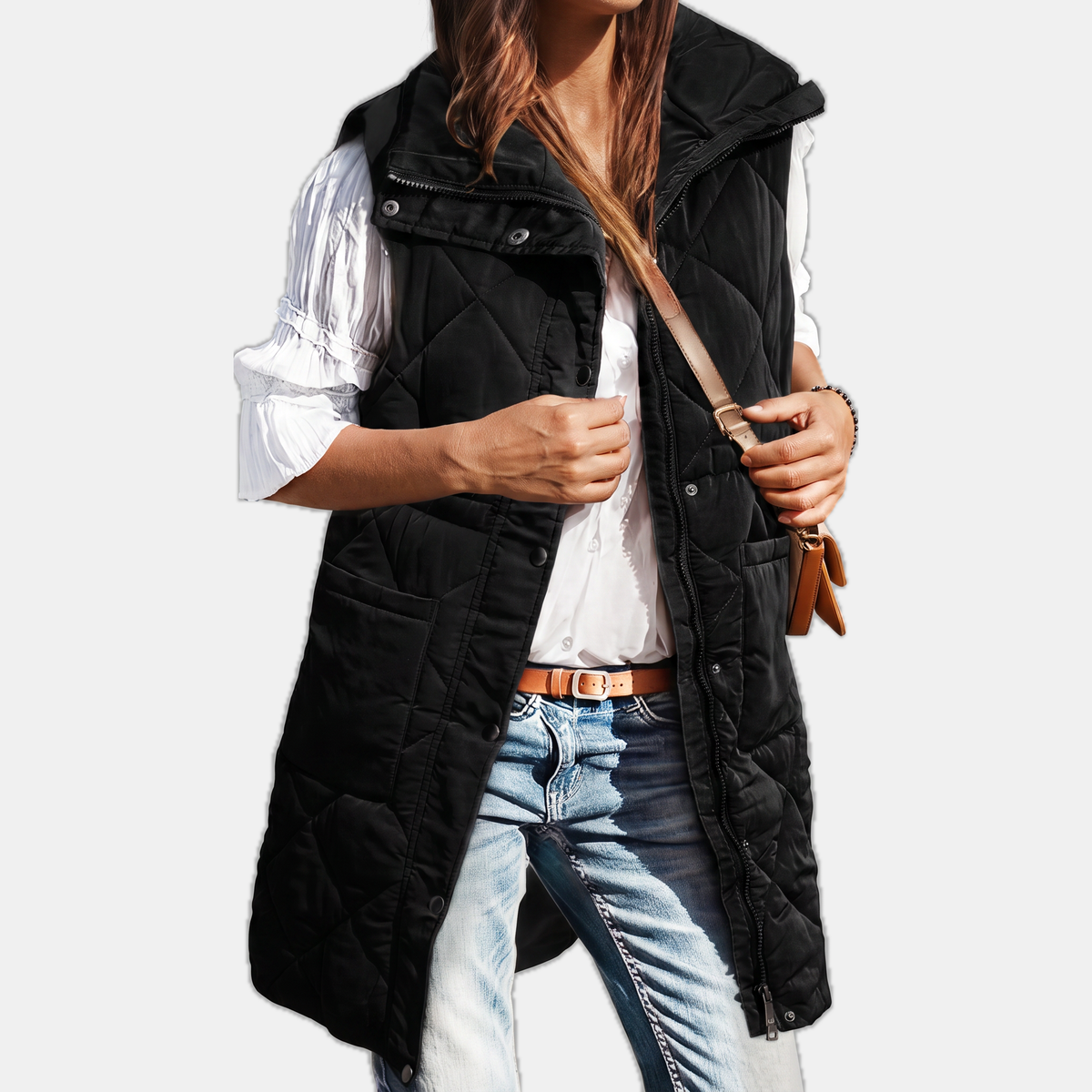 Women's Hooded Puffer Vest Quilted Midi Sleeveless Jacket