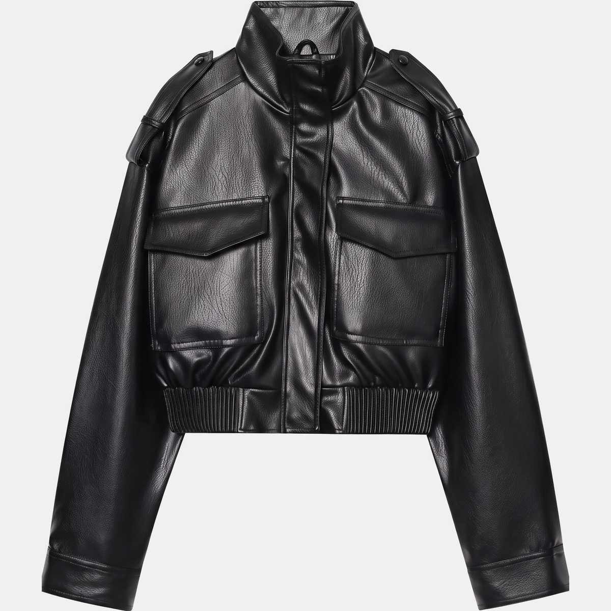 Women's Faux Leather Cropped Bomber Jacket with Cargo Pockets