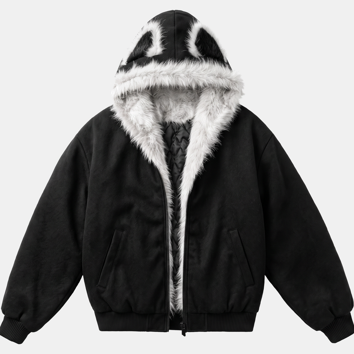 Women's Faux Fur Lined Bomber Jacket with Cat Ear Hood