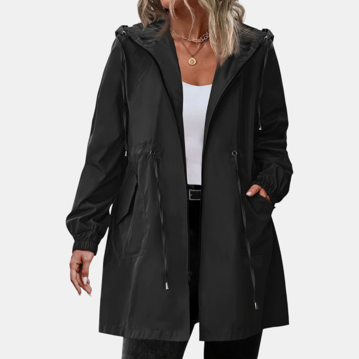 Women's Windbreaker Drawstring Waist Hooded Longline Jacket