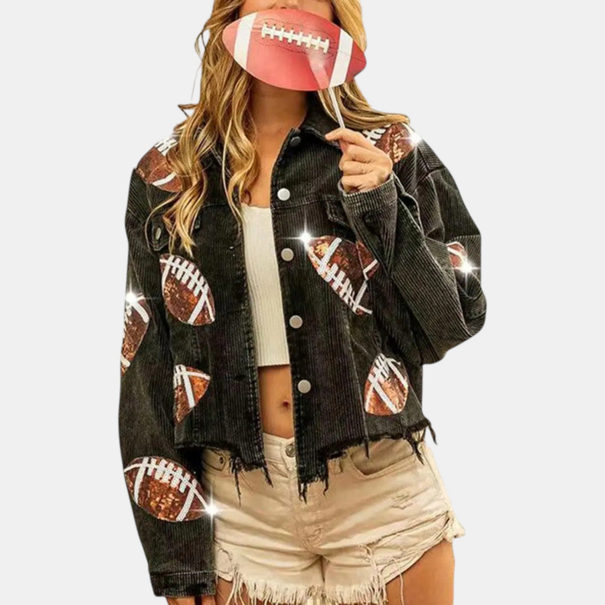 Women's Sequin Embroidered Cropped Corduroy Varsity Jacket
