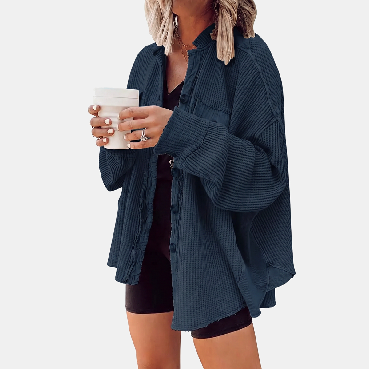 Women's Waffle Knit Raw Hem Button Front Oversized Shacket