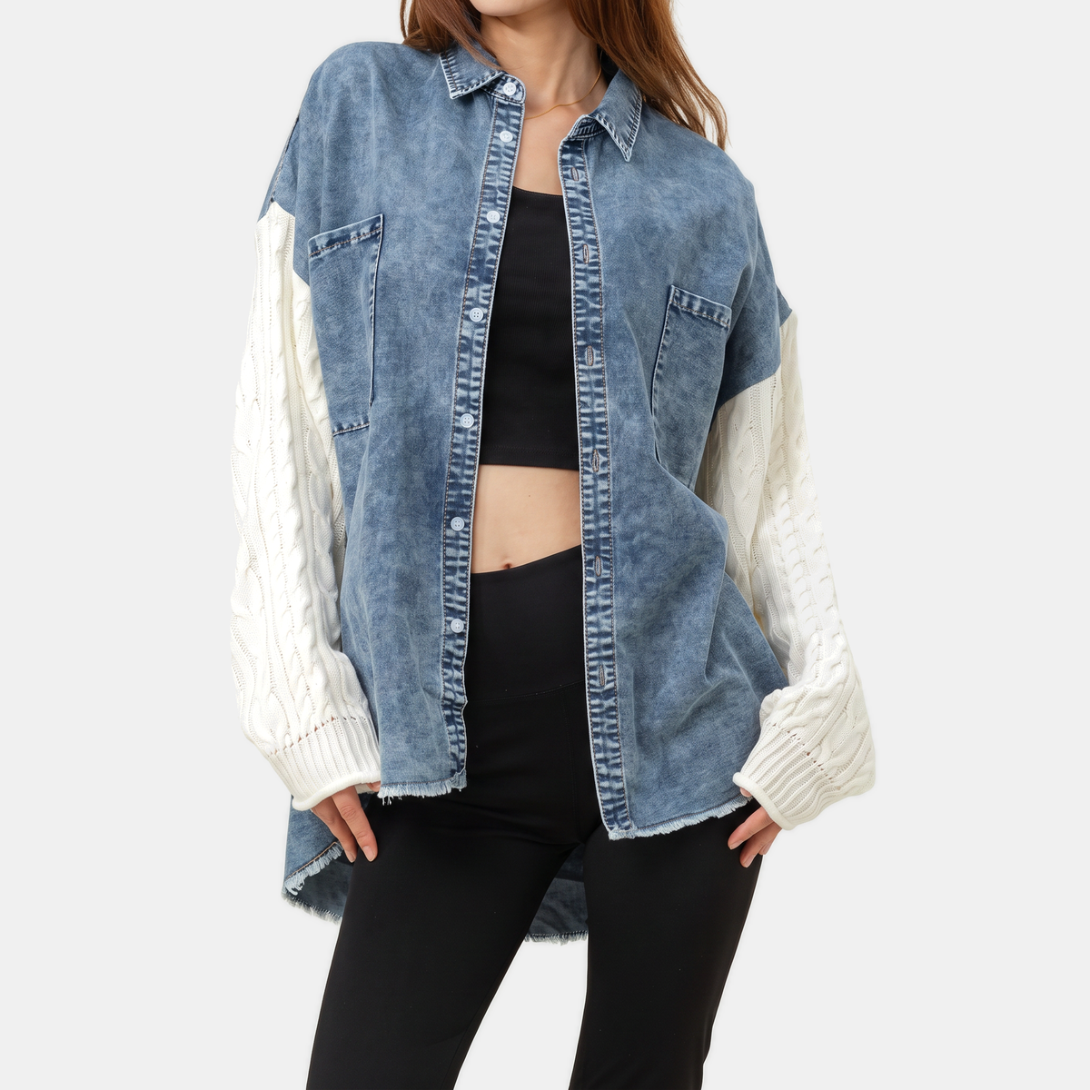 Women's Denim Jacket Cable Knit Splice Button Front Raw Hem