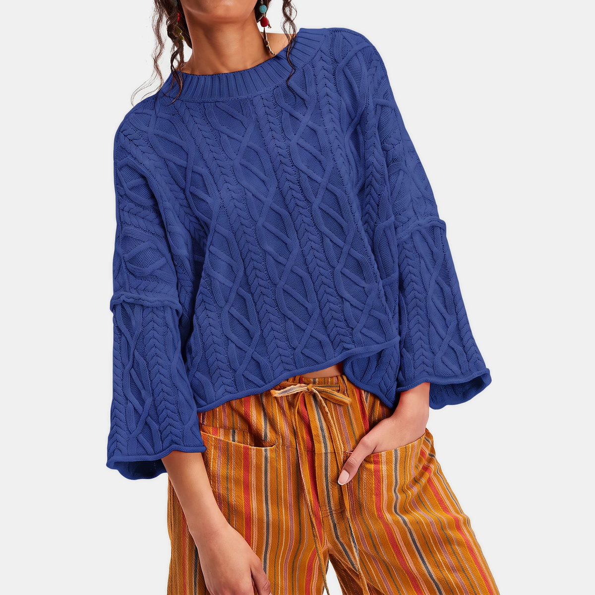 Women's Cable Knit Cropped Sweater Bell Flounce Cuff