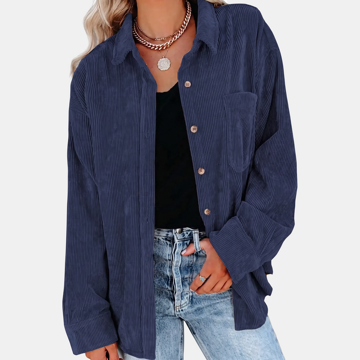 Women's Button Front Corduroy Oversized Long Sleeve Shacket