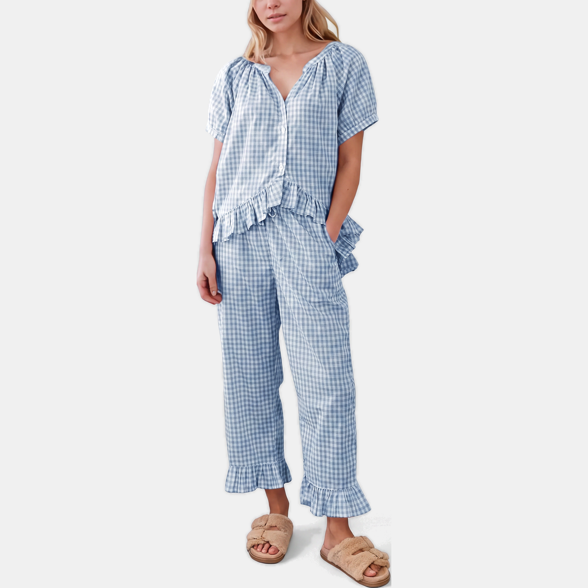 Susan Ruffle Trim Pajama Set - Blue