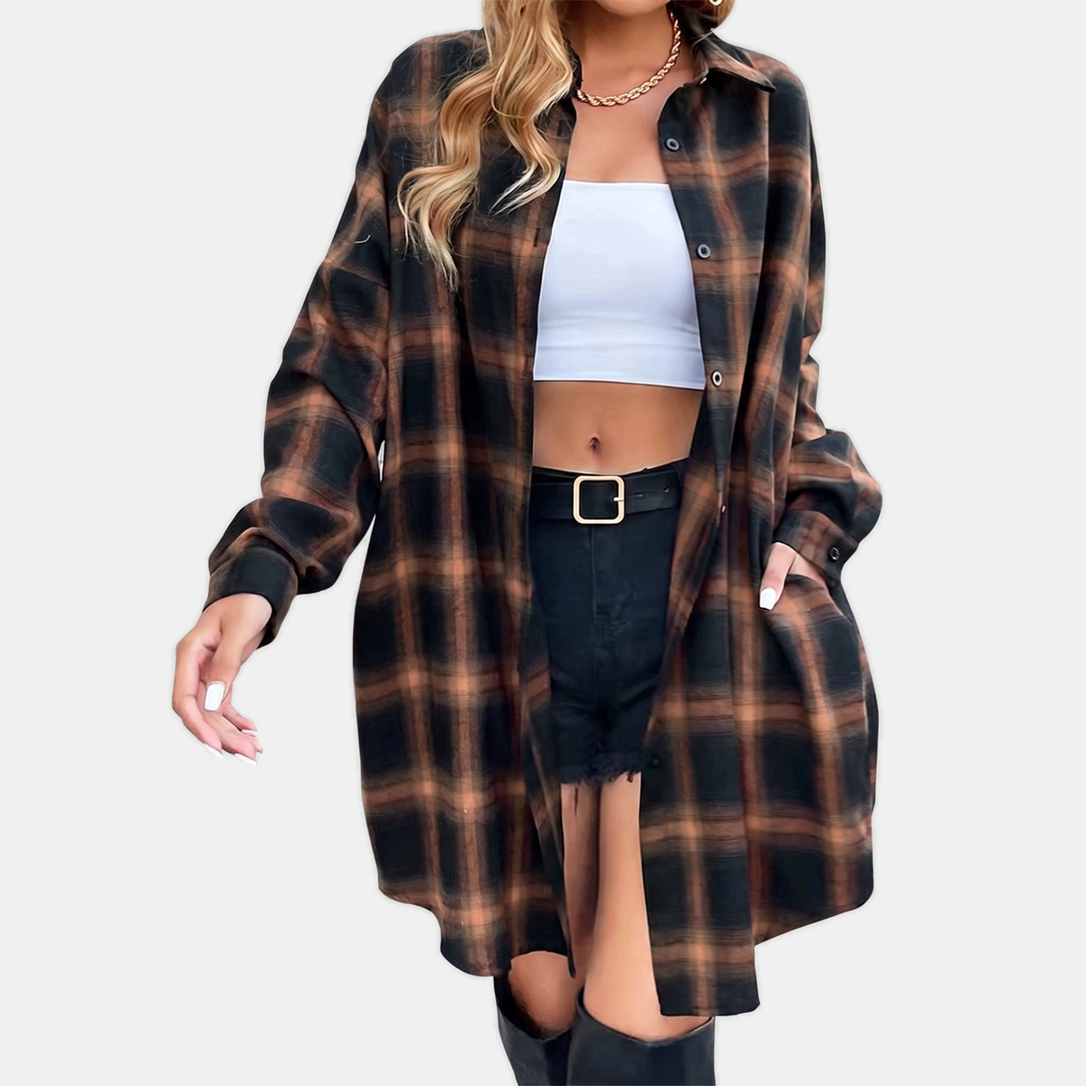 Women's Flannel Plaid Button Front Oversized Midi Shirt