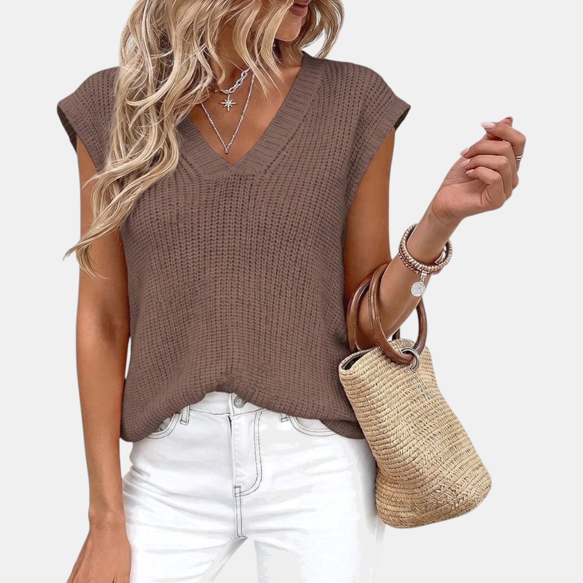 Women's Chunky Ribbed Knit Sweater Vest V-Neck Sleeveless
