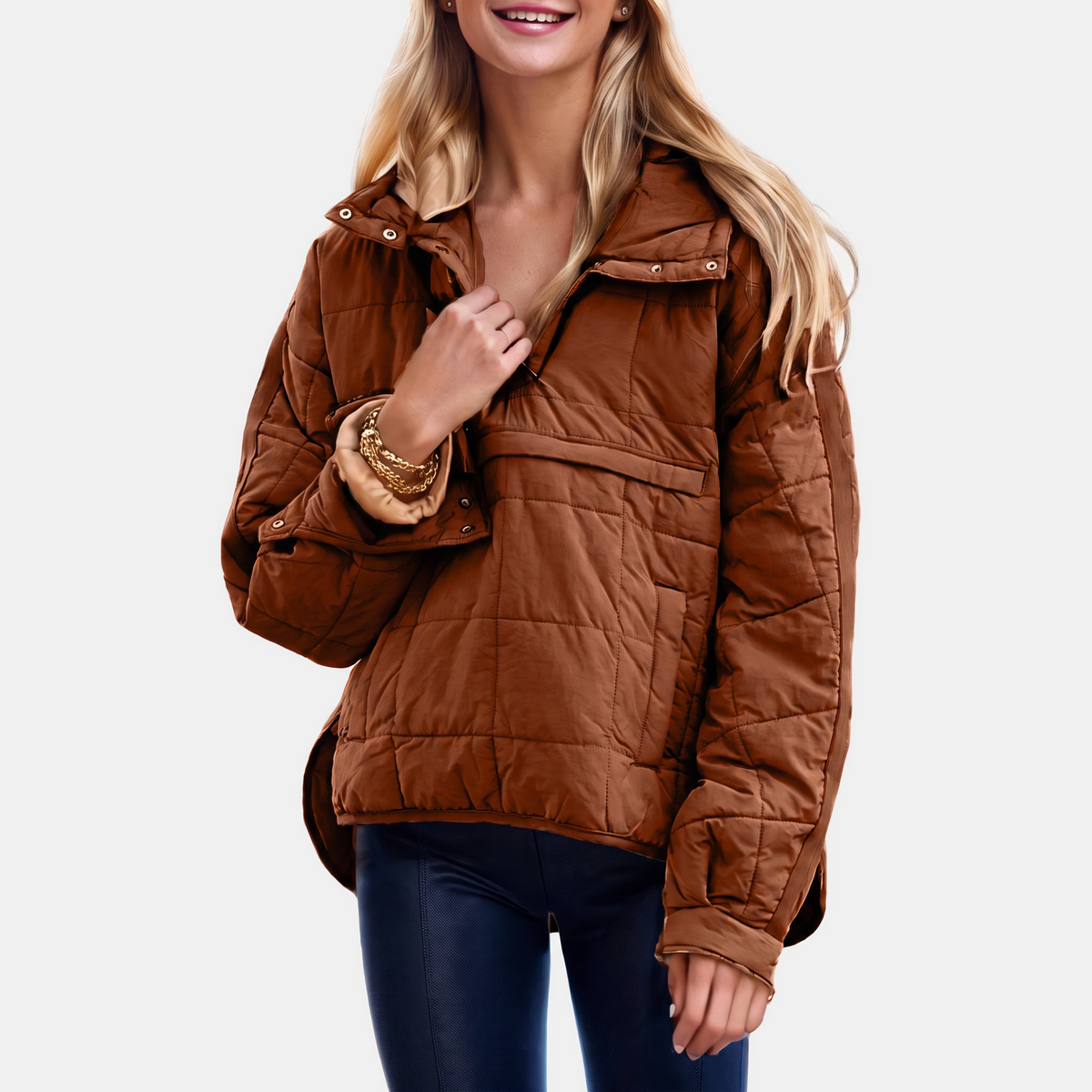 Women's Quilted Pullover Puffer Jacket Snap Collar Stand Neck