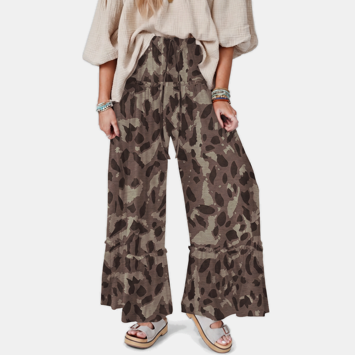 Women's Wide Leg Ruffle Hem Drawstring Pants