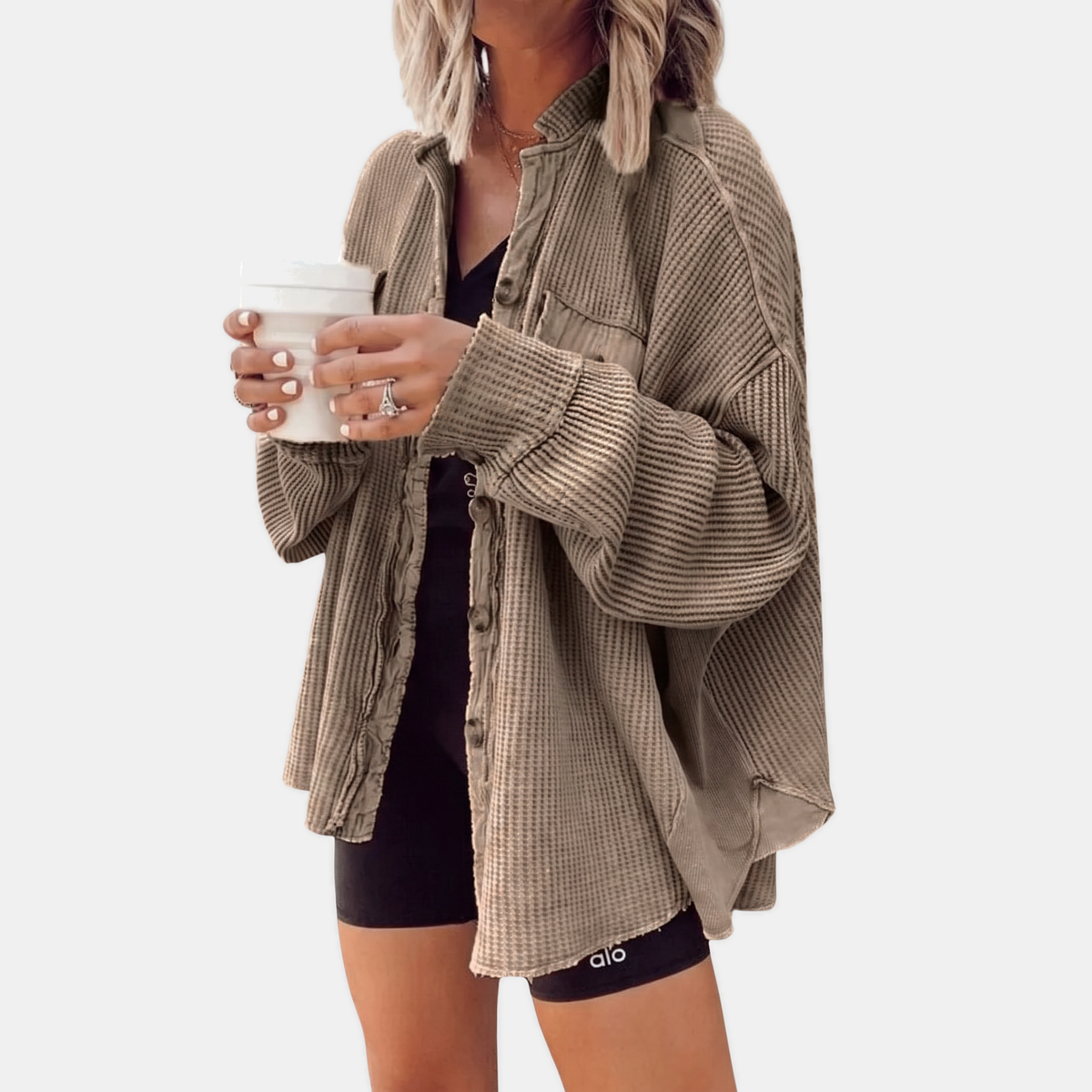 Women's Waffle Knit Raw Hem Button Front Oversized Shacket