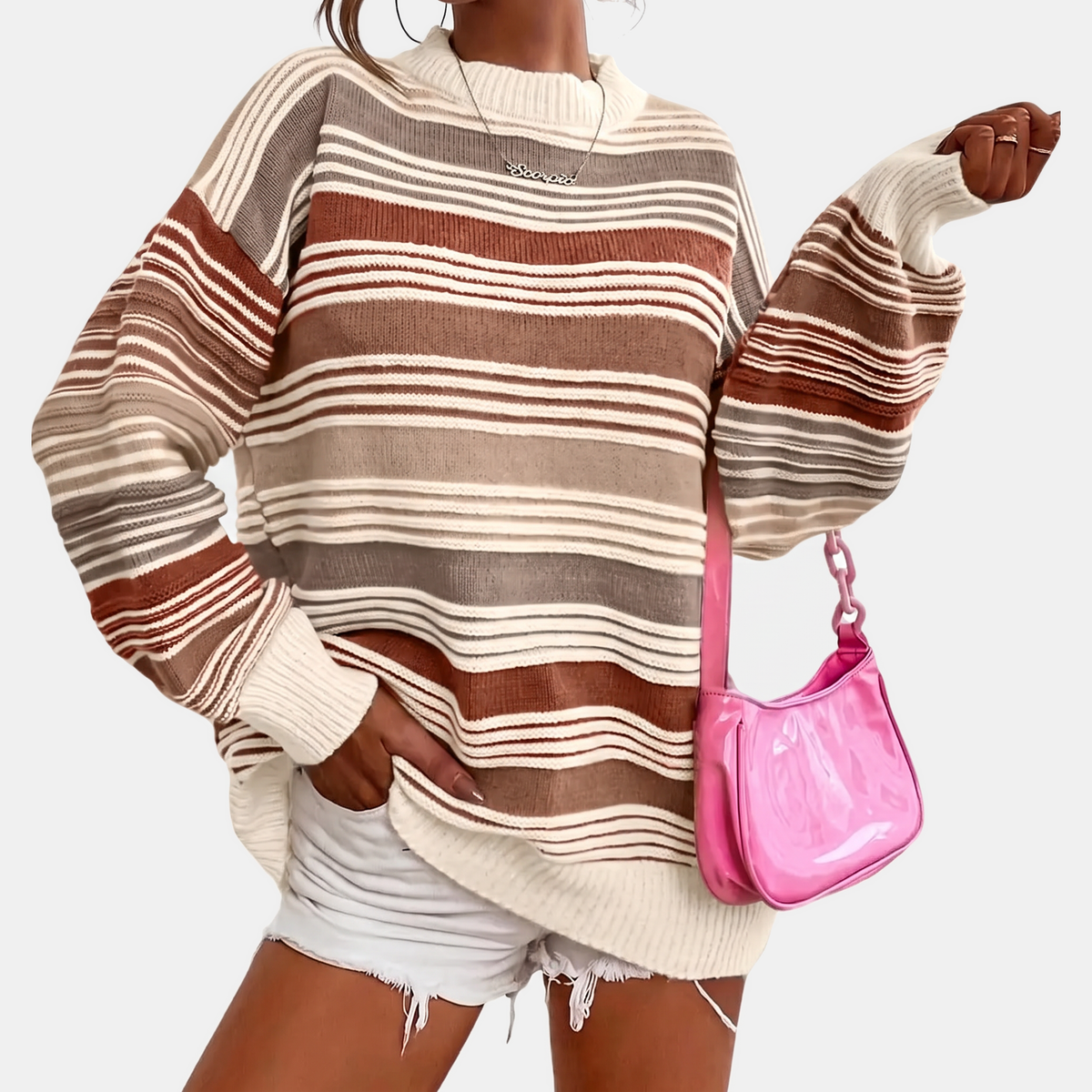 Women's Oversized Balloon Sleeve Striped Knit Sweater