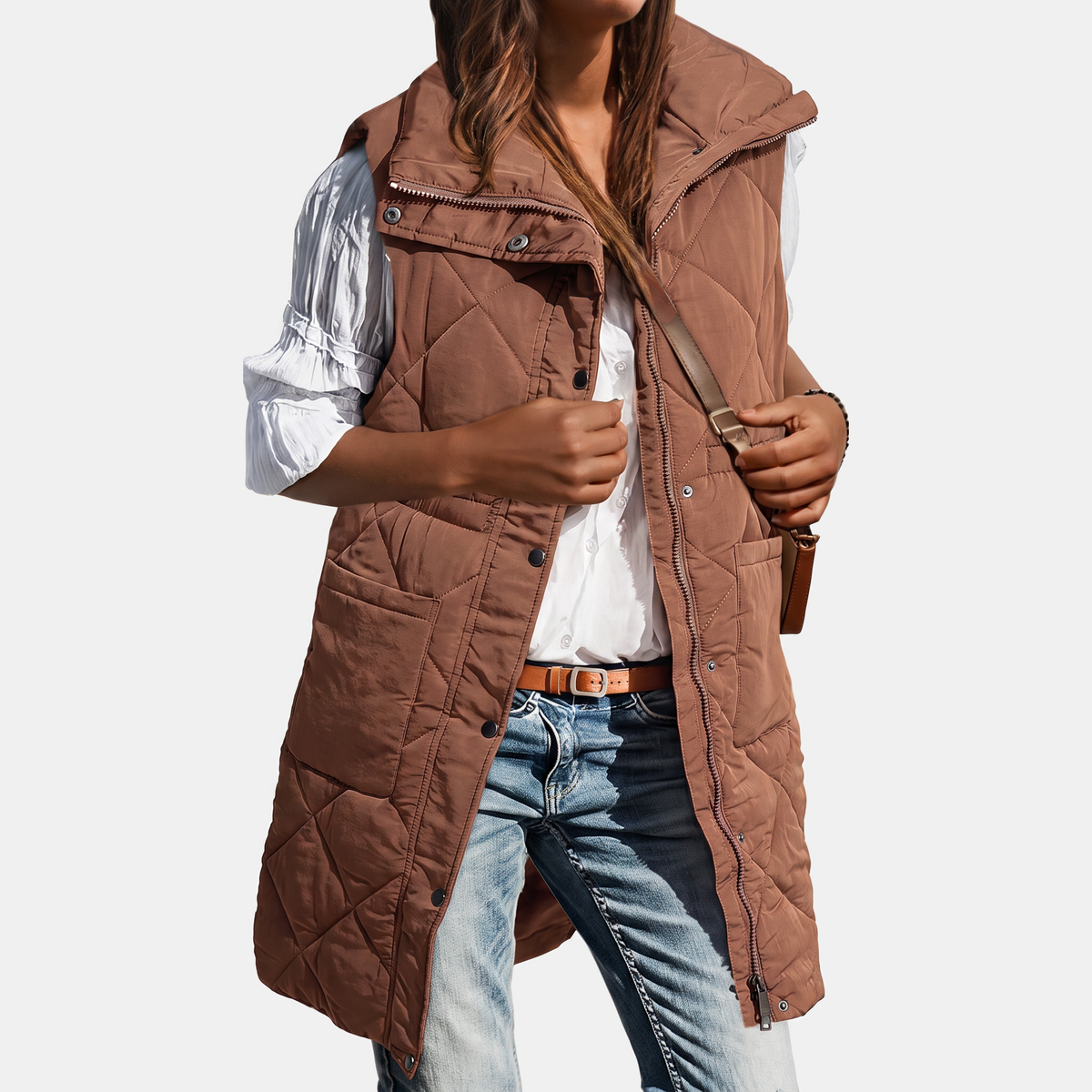 Women's Hooded Puffer Vest Quilted Midi Sleeveless Jacket